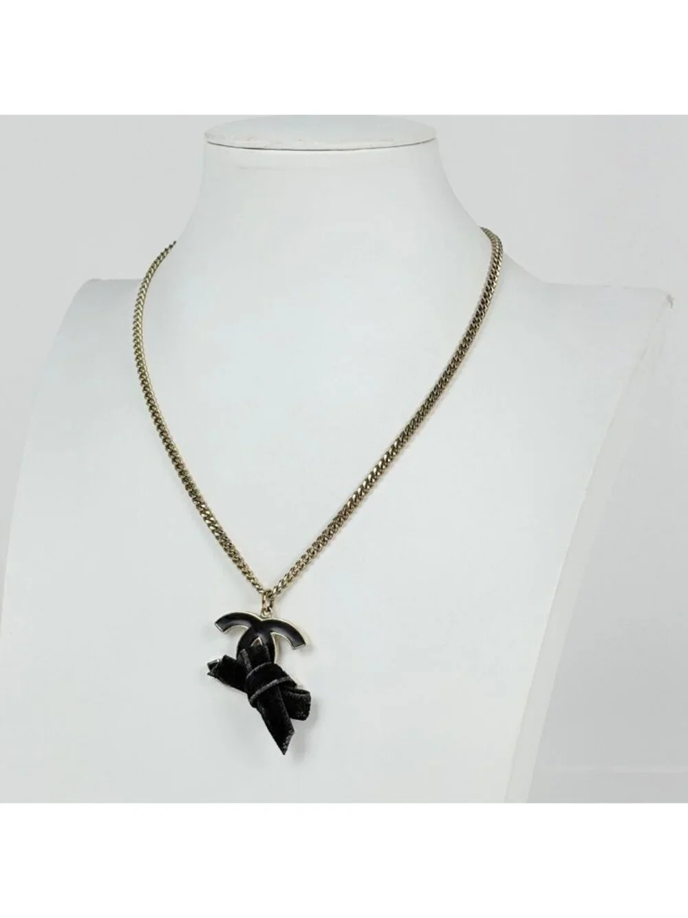 Chanel Necklace CC Logo Ribbon Gold Plated Black